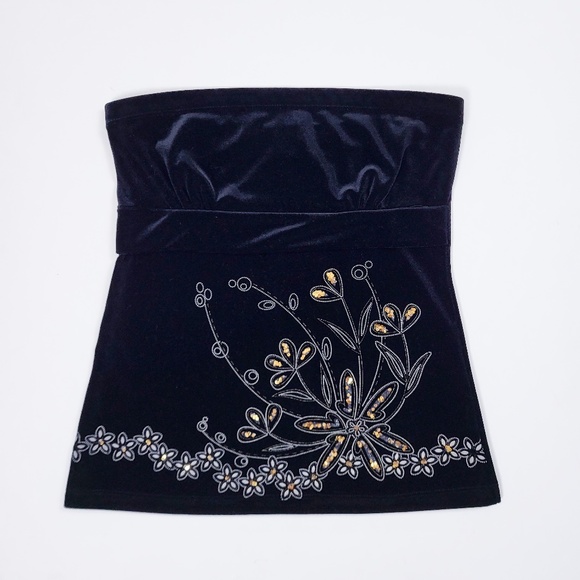 Vintage Tops - Velvet y2k tube top black sequins 2000s beading beaded embroidery cropped crop